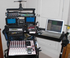 John Pearson MIBS’ sound trolley, set up with the 702T for the main mix and Boom Recorder running through a MOTU Traveler for the iso tracks.